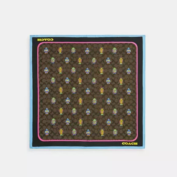 🤖🎯Coach Signature Cosmic Robot Print Silk Bandana In Walnut Multi🤖 - Picture 3 of 7